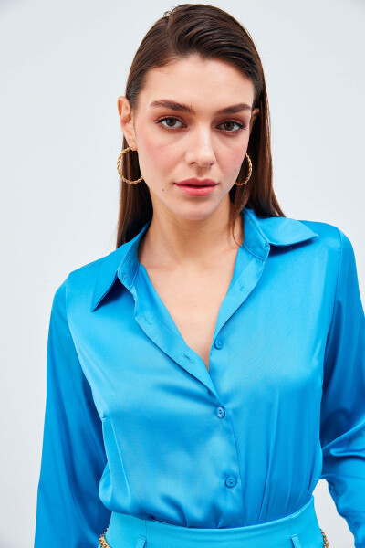 Shirt Collar Satin Bodysuit Blouse - Blue - 4