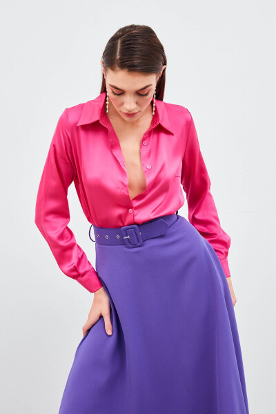 Shirt Collar Satin Bodysuit Blouse - Fuchsia - 2