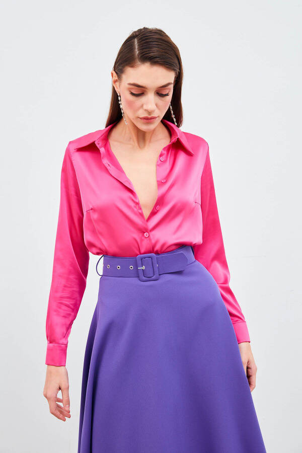 Shirt Collar Satin Bodysuit Blouse - Fuchsia - 3