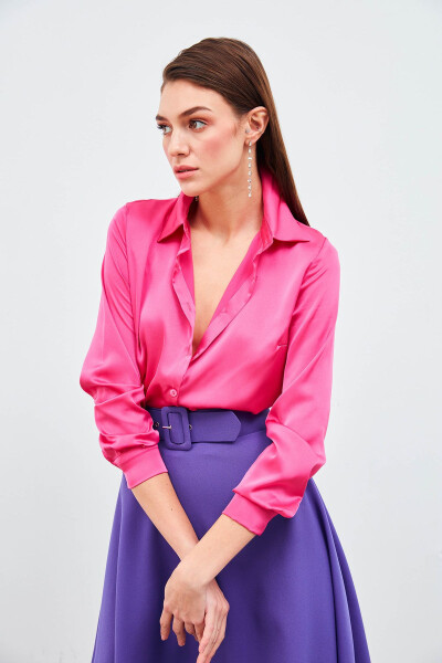 Shirt Collar Satin Bodysuit Blouse - Fuchsia - 4