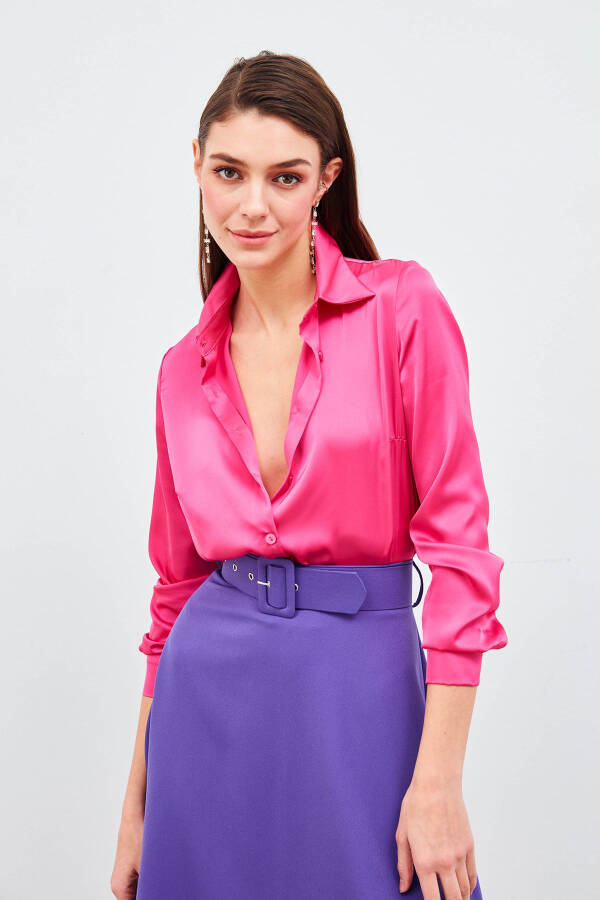 Shirt Collar Satin Bodysuit Blouse - Fuchsia - 5