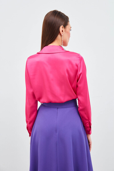 Shirt Collar Satin Bodysuit Blouse - Fuchsia - 7