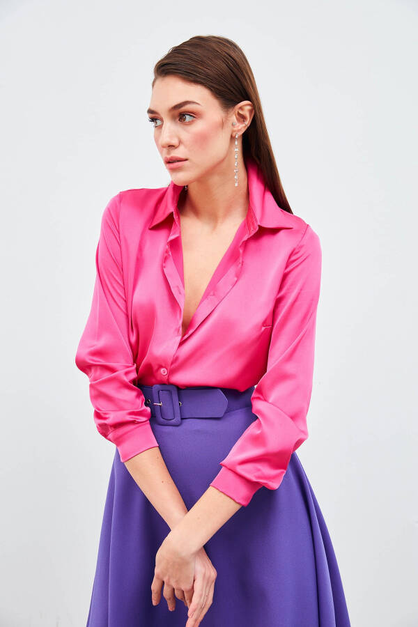 Shirt Collar Satin Bodysuit Blouse - Fuchsia - 11