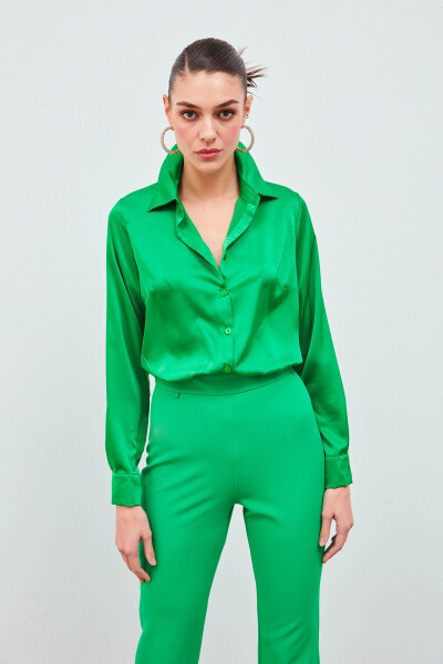 Shirt Collar Satin Bodysuit Blouse - Green - 1