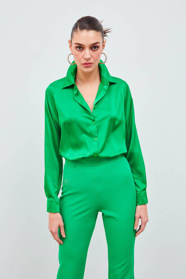 Shirt Collar Satin Bodysuit Blouse - Green - 1