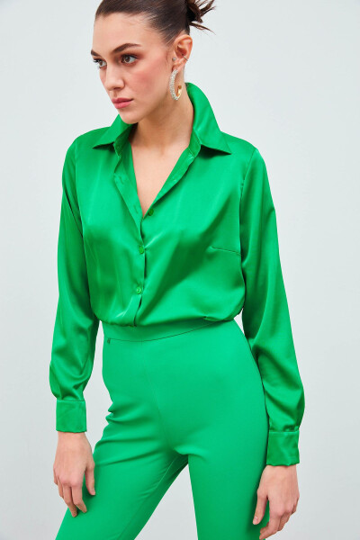 Shirt Collar Satin Bodysuit Blouse - Green - 2