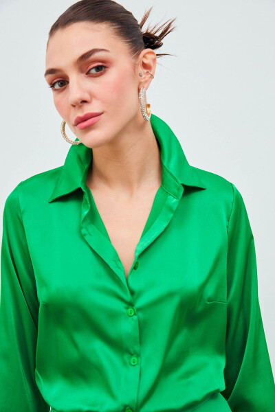 Shirt Collar Satin Bodysuit Blouse - Green - 3