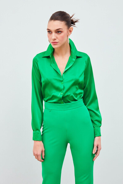 Shirt Collar Satin Bodysuit Blouse - Green - 4