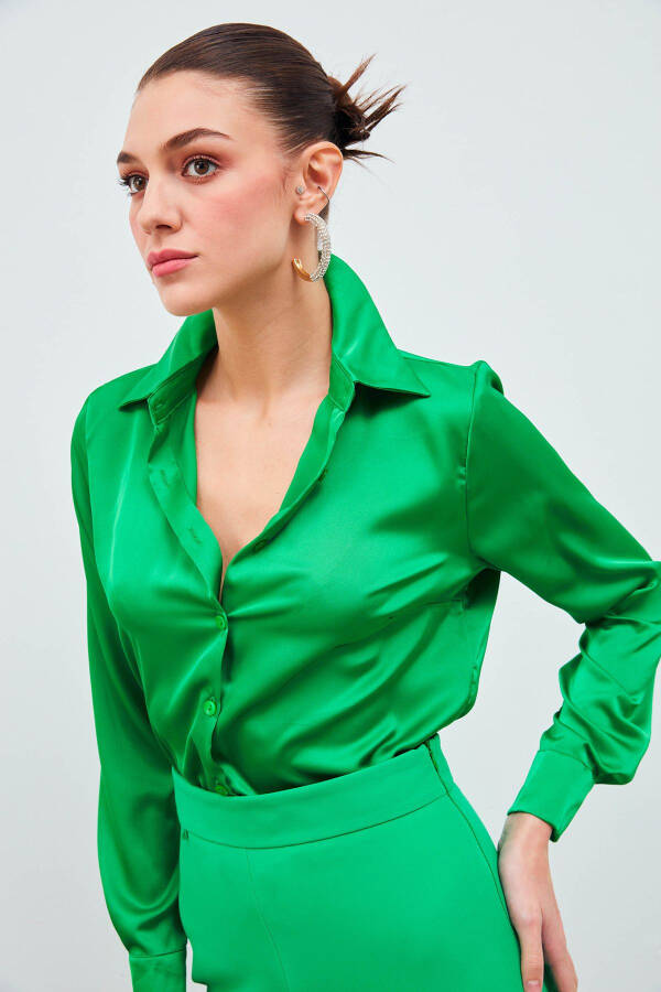 Shirt Collar Satin Bodysuit Blouse - Green - 5