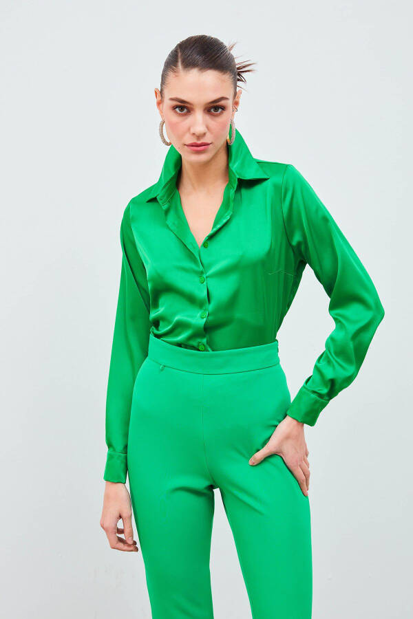 Shirt Collar Satin Bodysuit Blouse - Green - 6