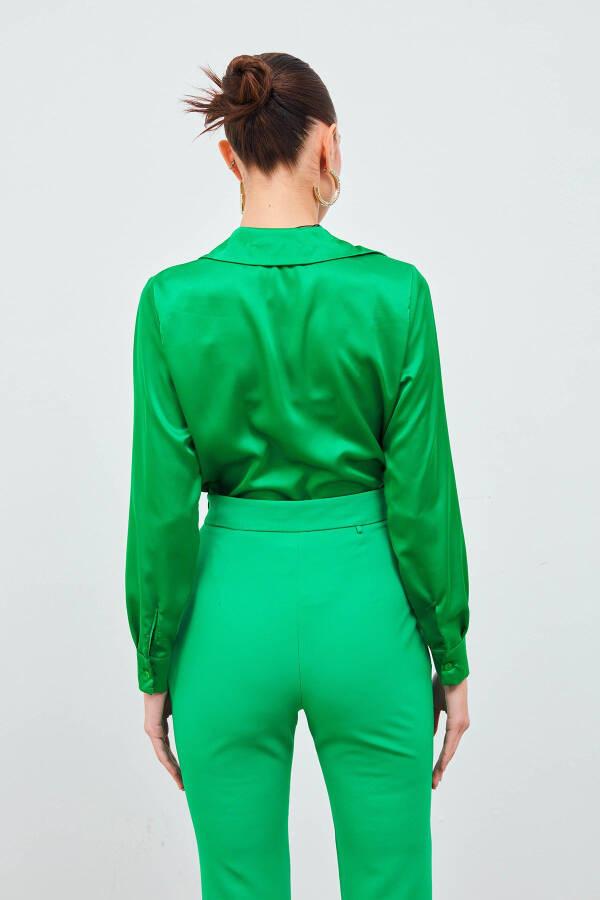 Shirt Collar Satin Bodysuit Blouse - Green - 7