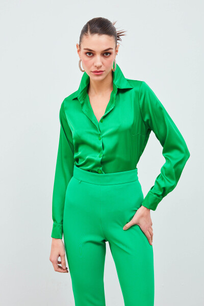 Shirt Collar Satin Bodysuit Blouse - Green - 13