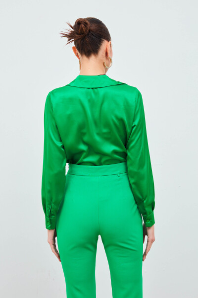 Shirt Collar Satin Bodysuit Blouse - Green - 14