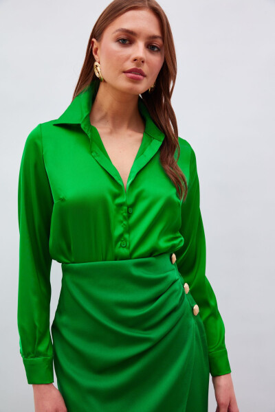 Shirt Collar Satin Bodysuit Blouse - K.green - 1