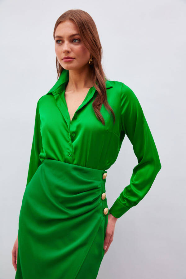 Shirt Collar Satin Bodysuit Blouse - K.green - 2