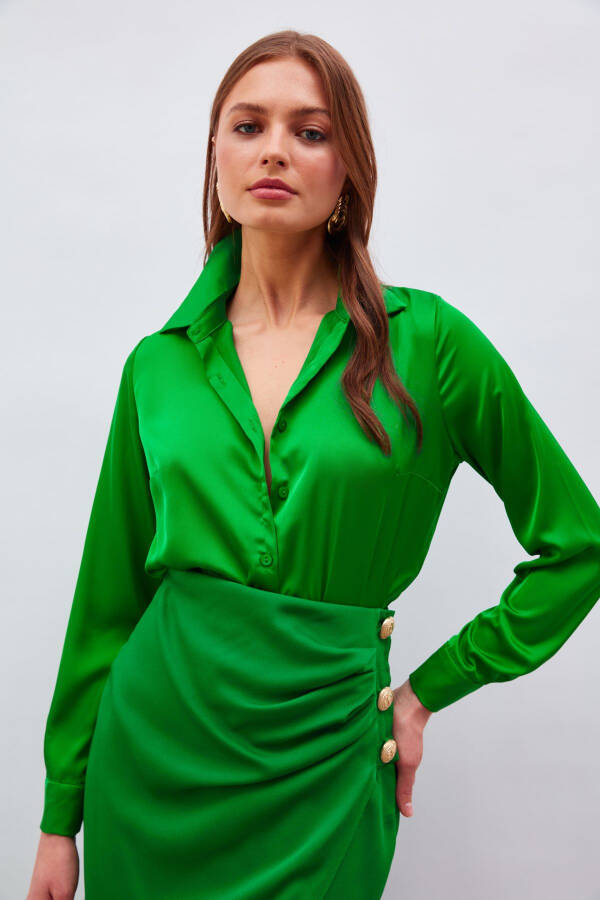 Shirt Collar Satin Bodysuit Blouse - K.green - 3