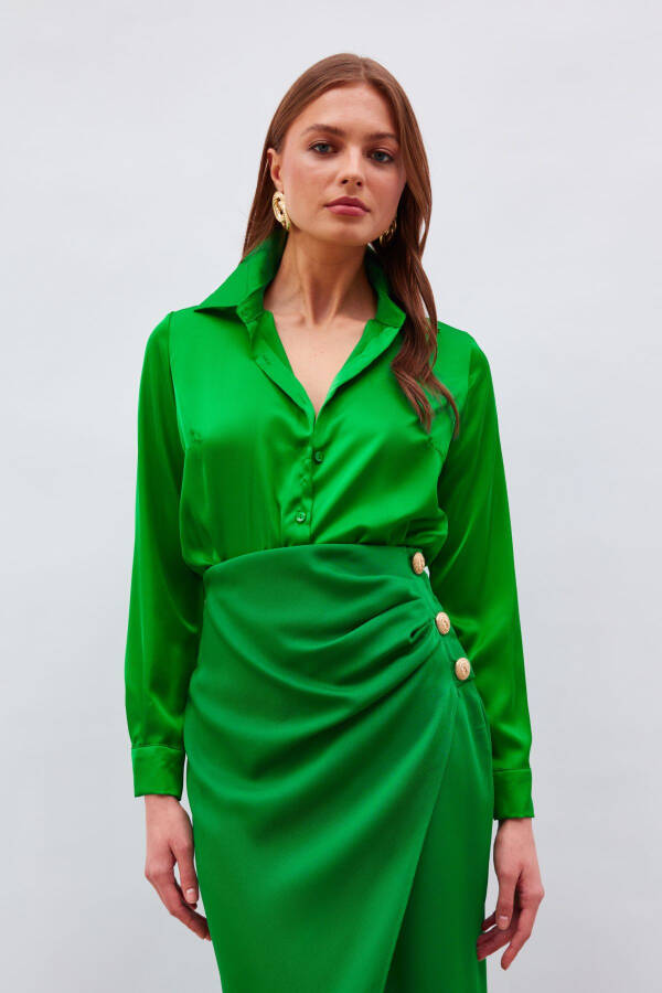 Shirt Collar Satin Bodysuit Blouse - K.green - 4