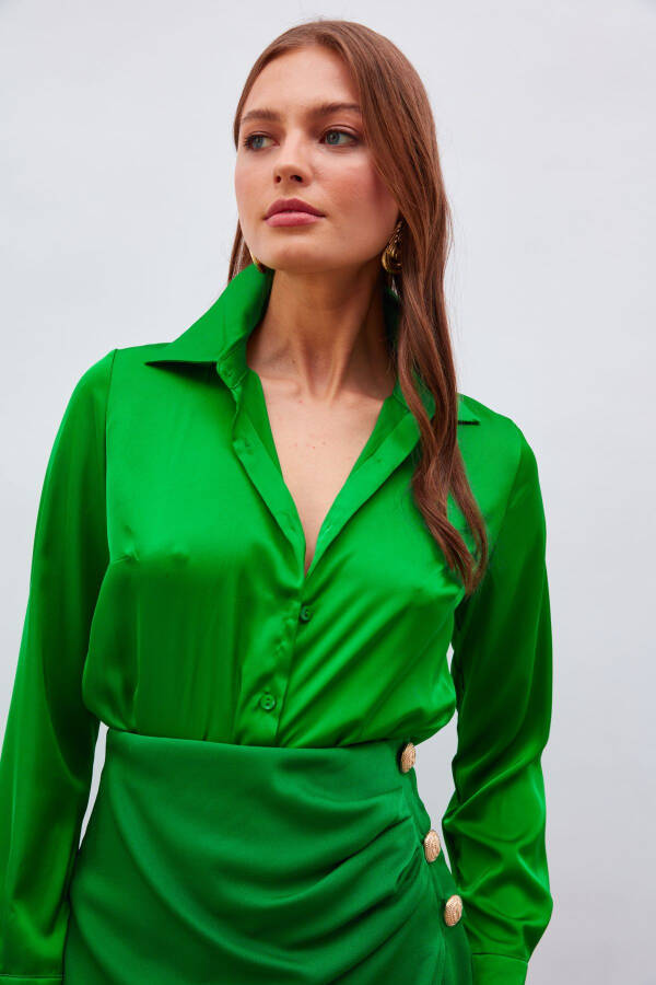 Shirt Collar Satin Bodysuit Blouse - K.green - 5