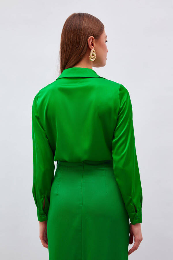 Shirt Collar Satin Bodysuit Blouse - K.green - 7