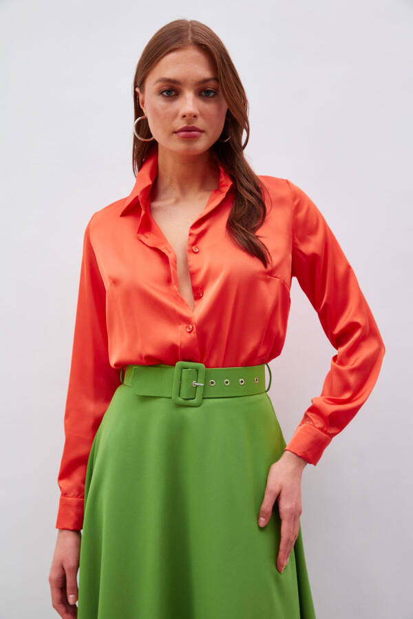 Shirt Collar Satin Bodysuit Blouse - Orange - 1