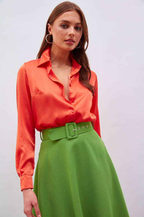 Shirt Collar Satin Bodysuit Blouse - Orange - 3