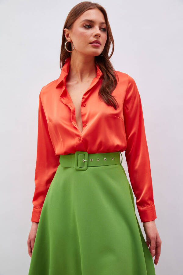 Shirt Collar Satin Bodysuit Blouse - Orange - 4