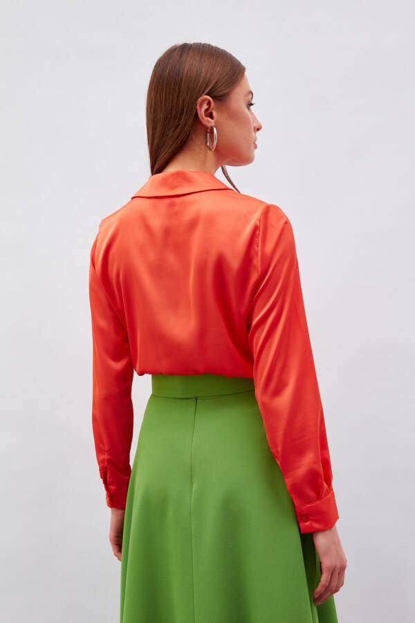 Shirt Collar Satin Bodysuit Blouse - Orange - 6