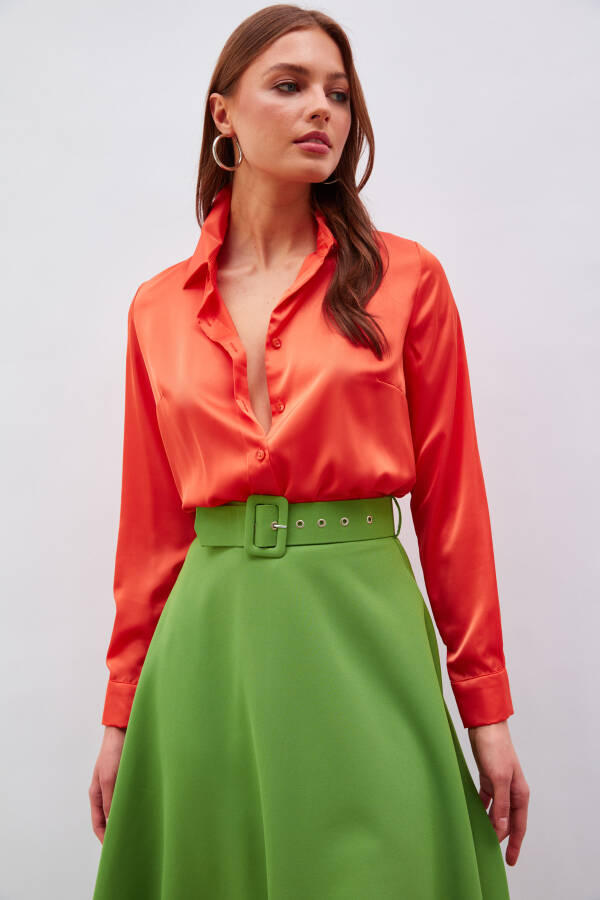 Shirt Collar Satin Bodysuit Blouse - Orange - 10