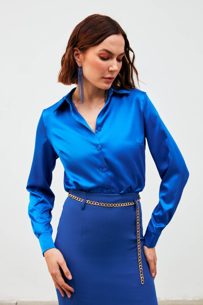 Shirt Collar Satin Bodysuit Blouse - Sax Blue - 1