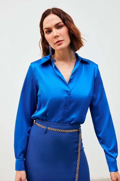 Shirt Collar Satin Bodysuit Blouse - Sax Blue - 2