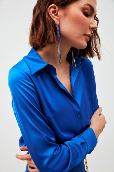 Shirt Collar Satin Bodysuit Blouse - Sax Blue - 3