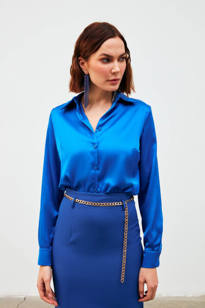 Shirt Collar Satin Bodysuit Blouse - Sax Blue - 4