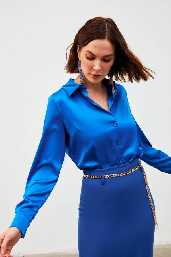 Shirt Collar Satin Bodysuit Blouse - Sax Blue - 6