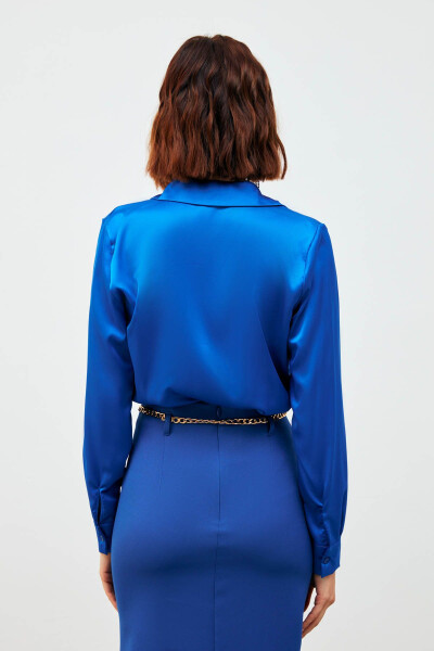 Shirt Collar Satin Bodysuit Blouse - Sax Blue - 7