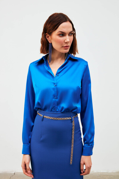 Shirt Collar Satin Bodysuit Blouse - Sax Blue - 11