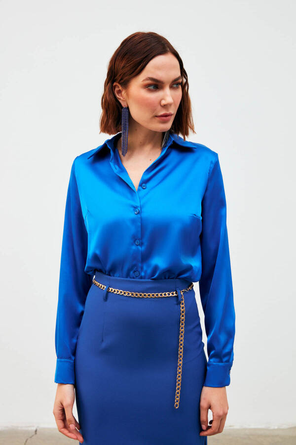 Shirt Collar Satin Bodysuit Blouse - Sax Blue - 11