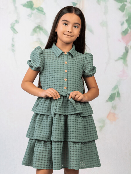 Shirt Collar Short Sleeve Girl Dress - 4