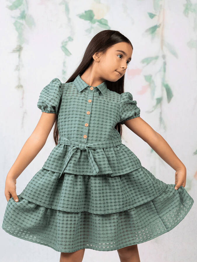 Shirt Collar Short Sleeve Girl Dress - 8