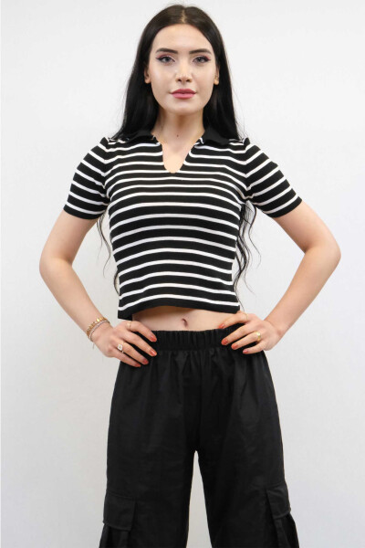 Shirt Collar Striped Knitwear Blouse Black - 1