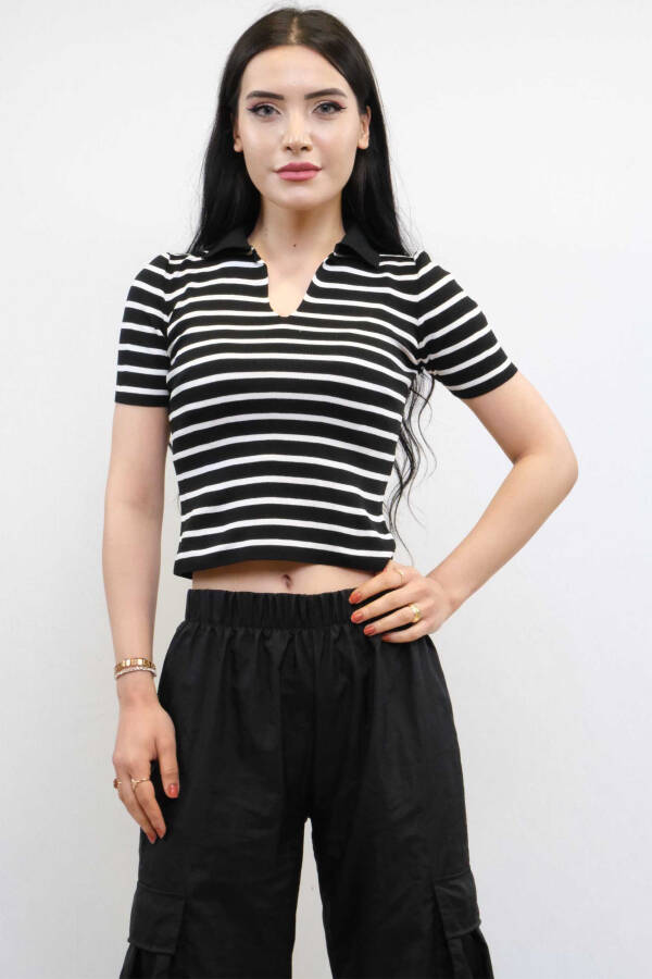 Shirt Collar Striped Knitwear Blouse Black - 2