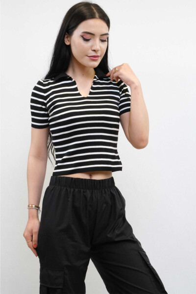 Shirt Collar Striped Knitwear Blouse Black - 3