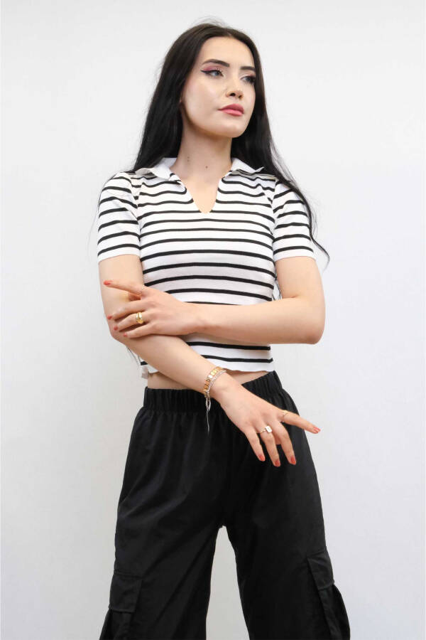 Shirt Collar Striped Knitwear Blouse White - 1