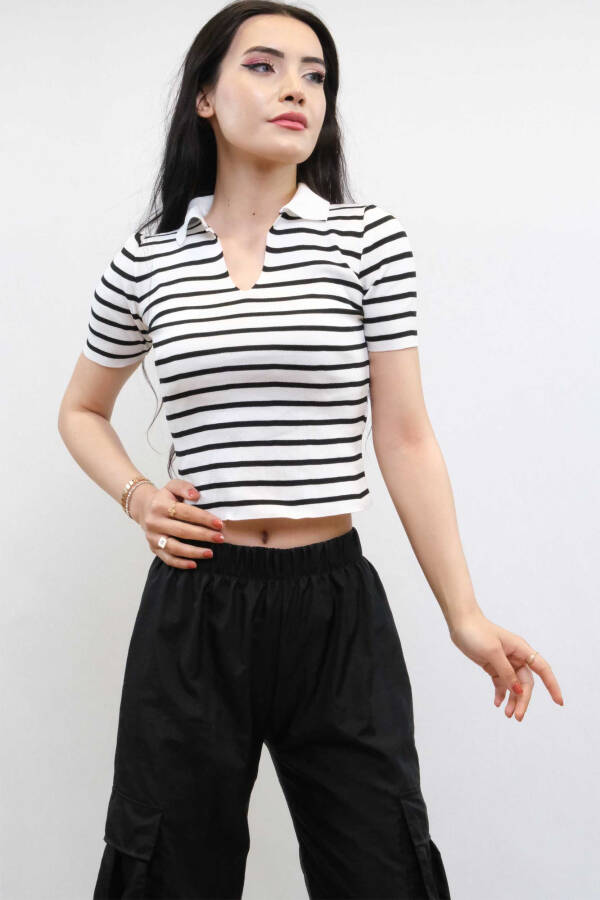 Shirt Collar Striped Knitwear Blouse White - 2