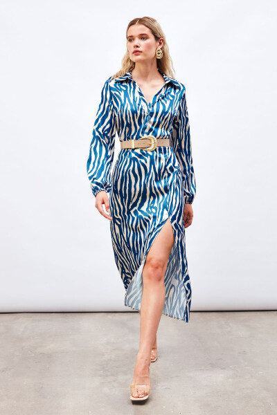 Shirt Dress with Slit Detail - BLUE - 3