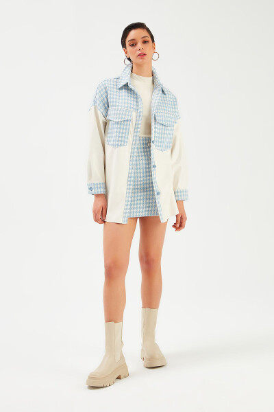 Shirt Jacket with Leather Detail - Ecru-baby Blue - 1