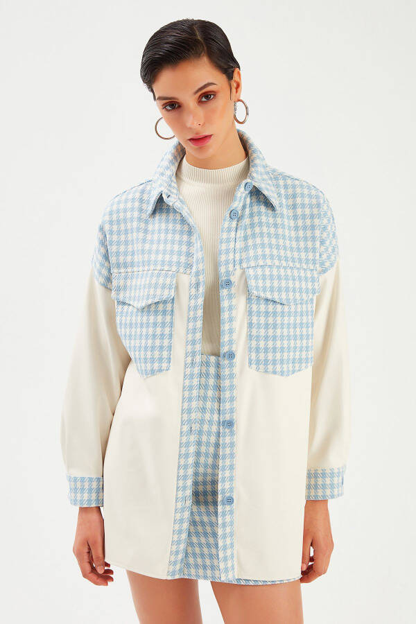 Shirt Jacket with Leather Detail - Ecru-baby Blue - 2