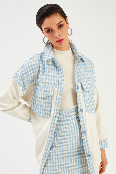 Shirt Jacket with Leather Detail - Ecru-baby Blue - 4