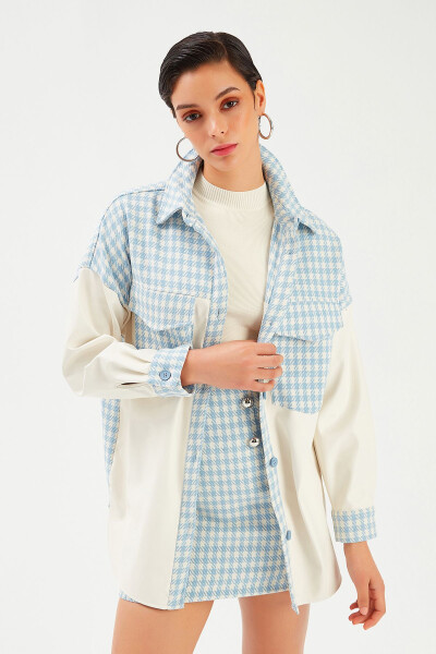 Shirt Jacket with Leather Detail - Ecru-baby Blue - 5