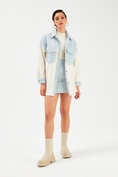 Shirt Jacket with Leather Detail - Ecru-baby Blue - 8