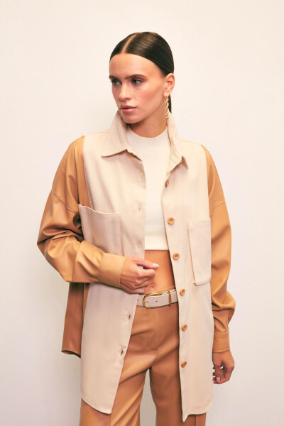 Shirt with Leather Pocket Detail - Beige-stone - 4